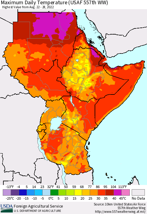 Eastern Africa Maximum Daily Temperature (USAF 557th WW) Thematic Map For 8/22/2022 - 8/28/2022