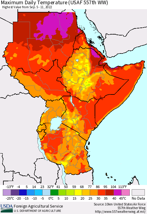 Eastern Africa Maximum Daily Temperature (USAF 557th WW) Thematic Map For 9/5/2022 - 9/11/2022