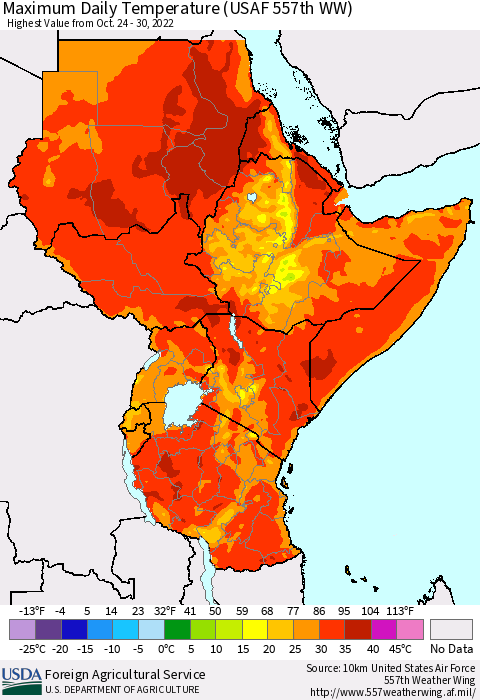 Eastern Africa Maximum Daily Temperature (USAF 557th WW) Thematic Map For 10/24/2022 - 10/30/2022