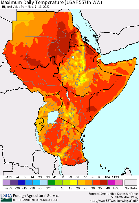 Eastern Africa Maximum Daily Temperature (USAF 557th WW) Thematic Map For 11/7/2022 - 11/13/2022