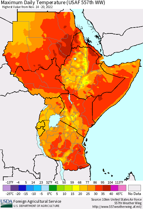 Eastern Africa Maximum Daily Temperature (USAF 557th WW) Thematic Map For 11/14/2022 - 11/20/2022