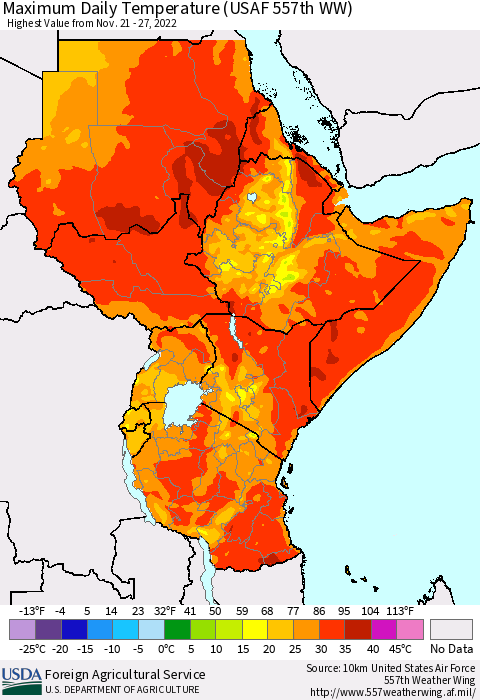 Eastern Africa Maximum Daily Temperature (USAF 557th WW) Thematic Map For 11/21/2022 - 11/27/2022