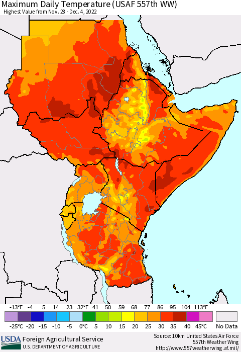 Eastern Africa Maximum Daily Temperature (USAF 557th WW) Thematic Map For 11/28/2022 - 12/4/2022