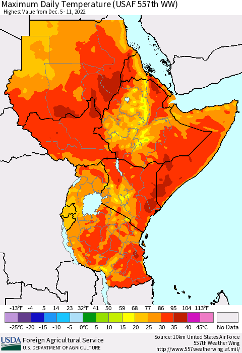 Eastern Africa Maximum Daily Temperature (USAF 557th WW) Thematic Map For 12/5/2022 - 12/11/2022