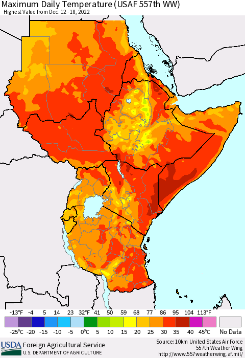 Eastern Africa Maximum Daily Temperature (USAF 557th WW) Thematic Map For 12/12/2022 - 12/18/2022