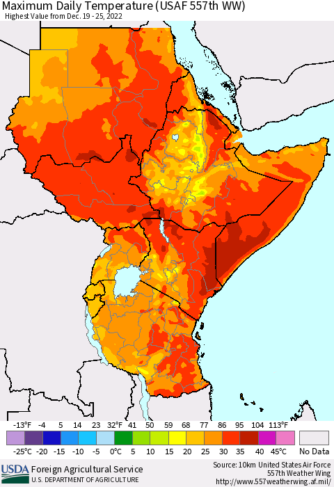 Eastern Africa Maximum Daily Temperature (USAF 557th WW) Thematic Map For 12/19/2022 - 12/25/2022