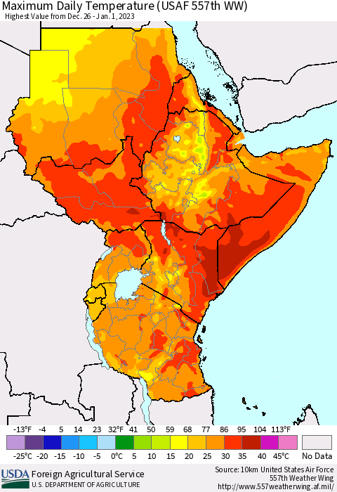 Eastern Africa Maximum Daily Temperature (USAF 557th WW) Thematic Map For 12/26/2022 - 1/1/2023