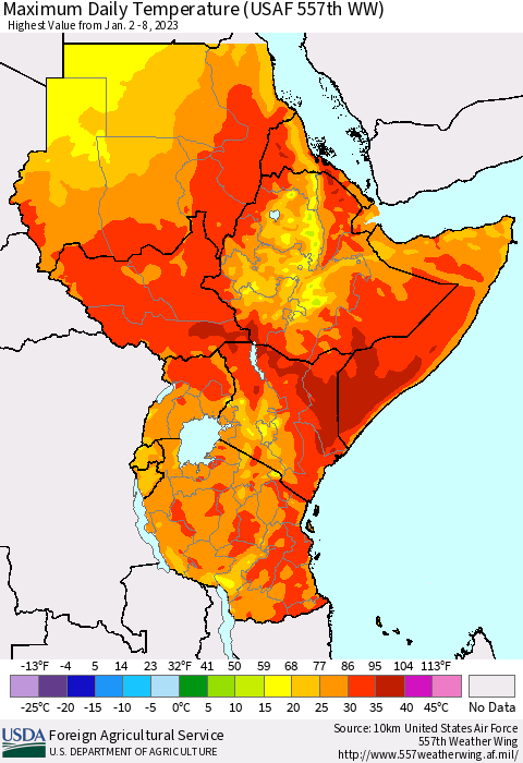 Eastern Africa Maximum Daily Temperature (USAF 557th WW) Thematic Map For 1/2/2023 - 1/8/2023