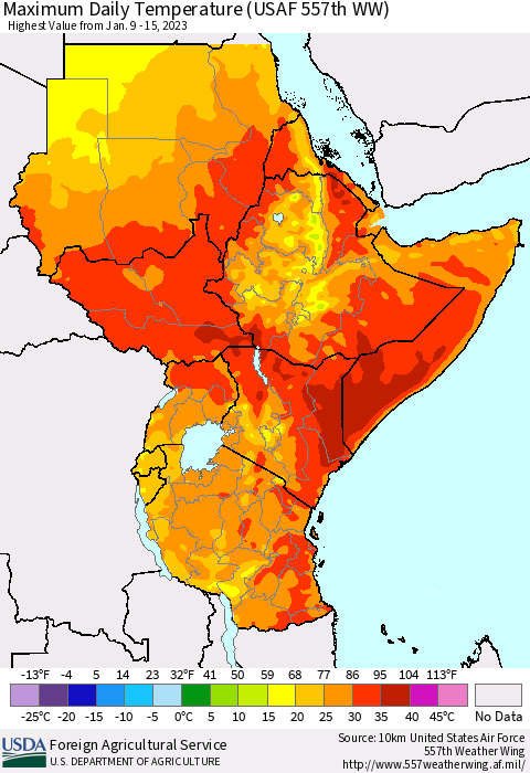 Eastern Africa Maximum Daily Temperature (USAF 557th WW) Thematic Map For 1/9/2023 - 1/15/2023