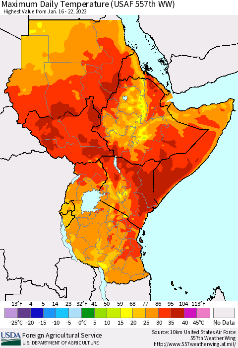 Eastern Africa Maximum Daily Temperature (USAF 557th WW) Thematic Map For 1/16/2023 - 1/22/2023