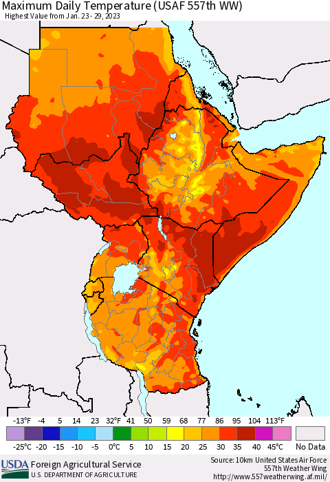 Eastern Africa Maximum Daily Temperature (USAF 557th WW) Thematic Map For 1/23/2023 - 1/29/2023