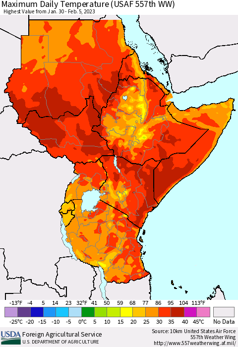 Eastern Africa Maximum Daily Temperature (USAF 557th WW) Thematic Map For 1/30/2023 - 2/5/2023
