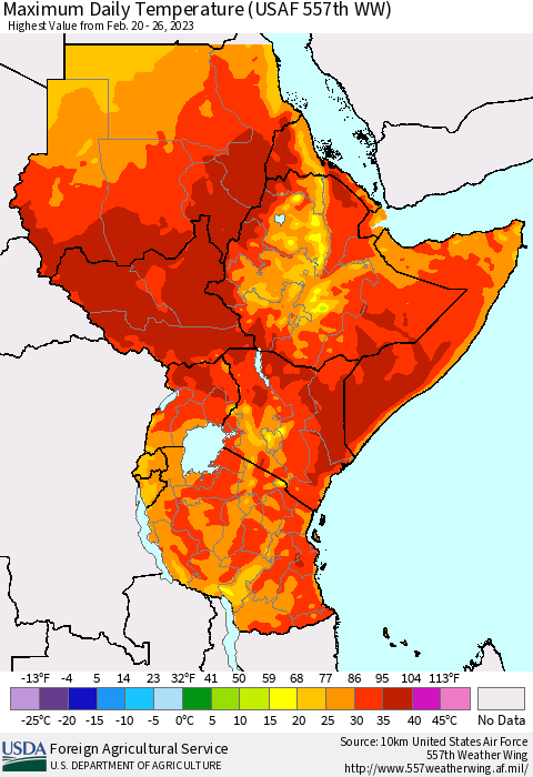 Eastern Africa Maximum Daily Temperature (USAF 557th WW) Thematic Map For 2/20/2023 - 2/26/2023