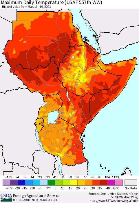 Eastern Africa Maximum Daily Temperature (USAF 557th WW) Thematic Map For 3/13/2023 - 3/19/2023