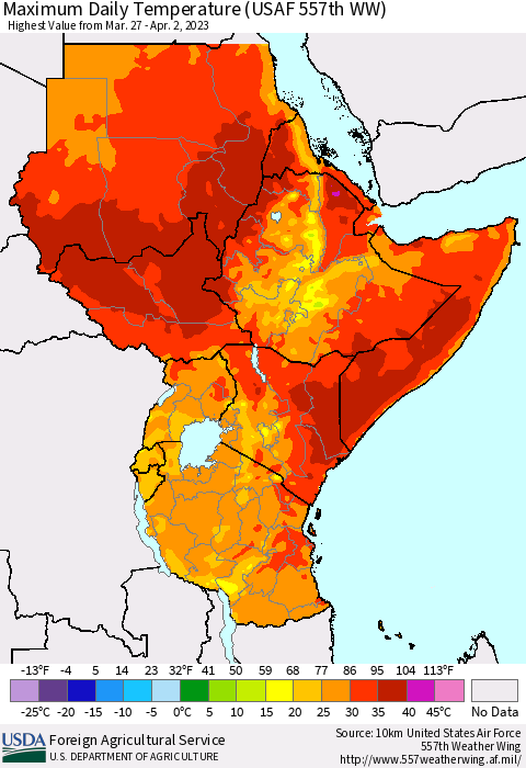 Eastern Africa Maximum Daily Temperature (USAF 557th WW) Thematic Map For 3/27/2023 - 4/2/2023