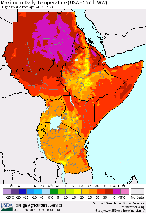 Eastern Africa Maximum Daily Temperature (USAF 557th WW) Thematic Map For 4/24/2023 - 4/30/2023