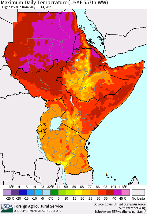 Eastern Africa Maximum Daily Temperature (USAF 557th WW) Thematic Map For 5/8/2023 - 5/14/2023
