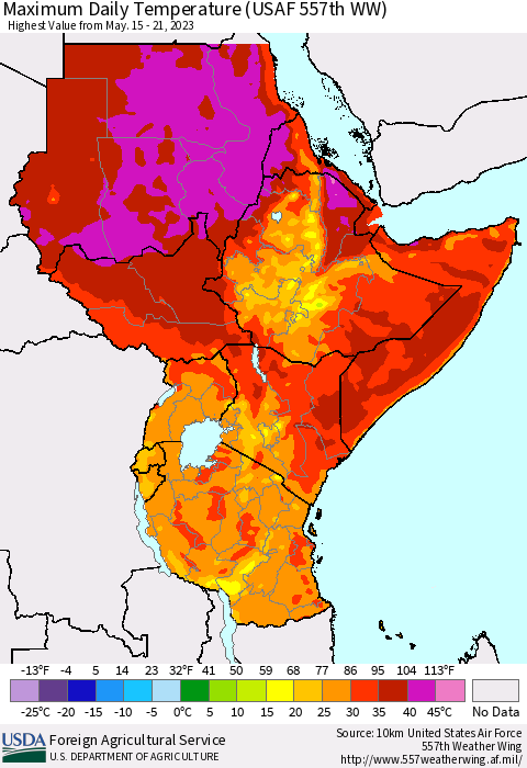 Eastern Africa Maximum Daily Temperature (USAF 557th WW) Thematic Map For 5/15/2023 - 5/21/2023