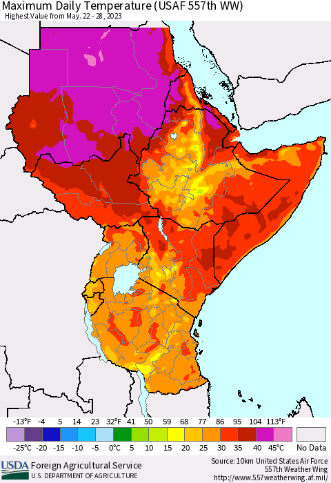 Eastern Africa Maximum Daily Temperature (USAF 557th WW) Thematic Map For 5/22/2023 - 5/28/2023