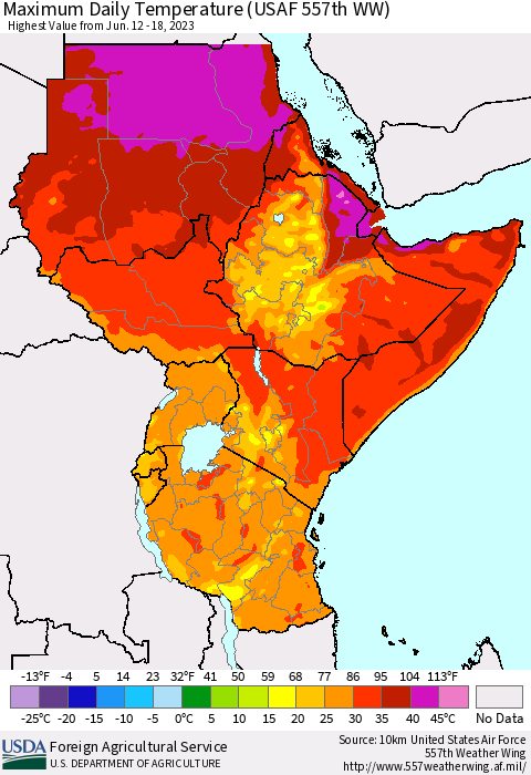 Eastern Africa Maximum Daily Temperature (USAF 557th WW) Thematic Map For 6/12/2023 - 6/18/2023