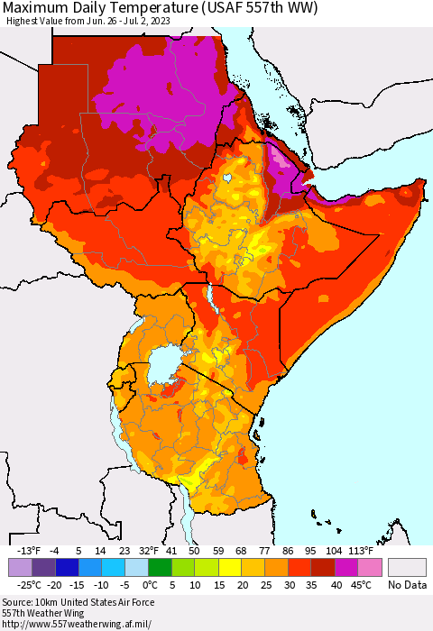 Eastern Africa Maximum Daily Temperature (USAF 557th WW) Thematic Map For 6/26/2023 - 7/2/2023