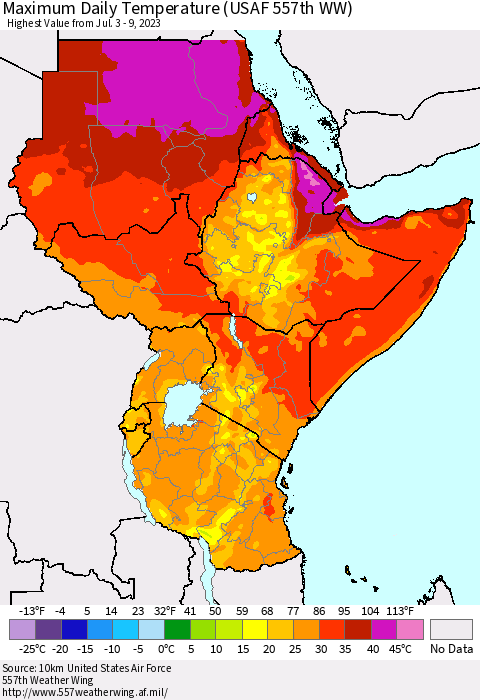 Eastern Africa Maximum Daily Temperature (USAF 557th WW) Thematic Map For 7/3/2023 - 7/9/2023