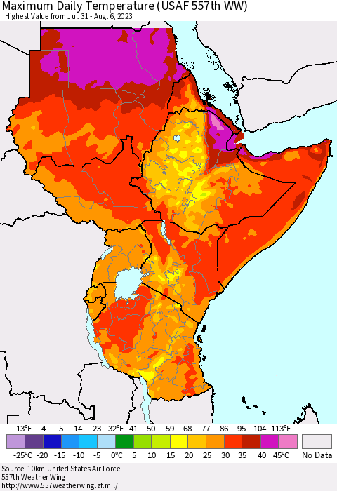Eastern Africa Maximum Daily Temperature (USAF 557th WW) Thematic Map For 7/31/2023 - 8/6/2023