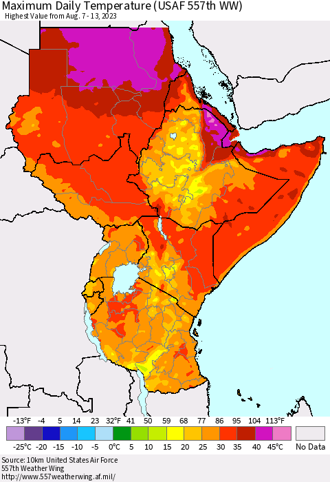 Eastern Africa Maximum Daily Temperature (USAF 557th WW) Thematic Map For 8/7/2023 - 8/13/2023
