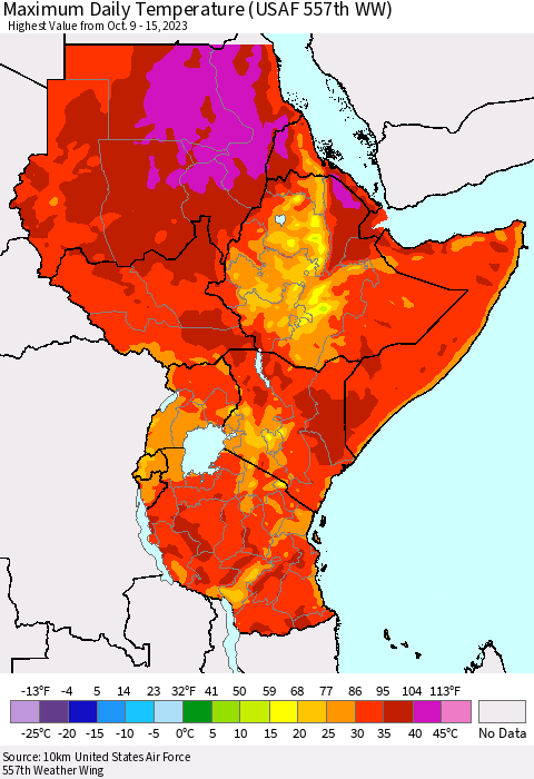 Eastern Africa Maximum Daily Temperature (USAF 557th WW) Thematic Map For 10/9/2023 - 10/15/2023