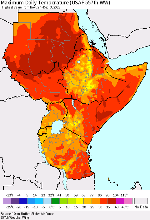 Eastern Africa Maximum Daily Temperature (USAF 557th WW) Thematic Map For 11/27/2023 - 12/3/2023
