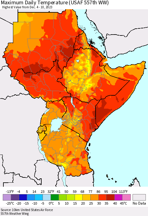 Eastern Africa Maximum Daily Temperature (USAF 557th WW) Thematic Map For 12/4/2023 - 12/10/2023
