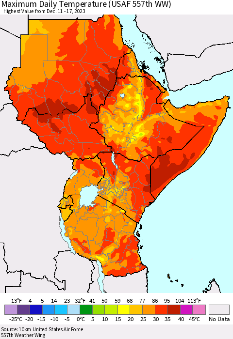 Eastern Africa Maximum Daily Temperature (USAF 557th WW) Thematic Map For 12/11/2023 - 12/17/2023