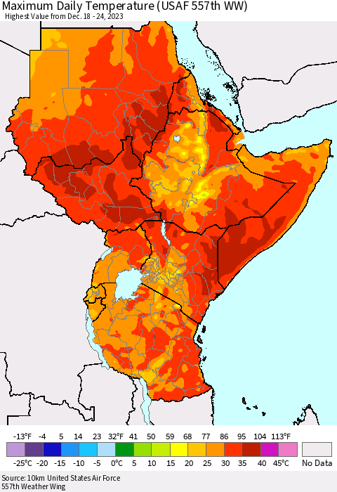 Eastern Africa Maximum Daily Temperature (USAF 557th WW) Thematic Map For 12/18/2023 - 12/24/2023