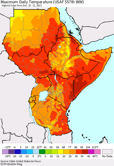 Eastern Africa Maximum Daily Temperature (USAF 557th WW) Thematic Map For 12/25/2023 - 12/31/2023
