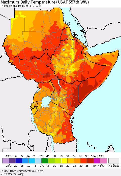 Eastern Africa Maximum Daily Temperature (USAF 557th WW) Thematic Map For 1/1/2024 - 1/7/2024