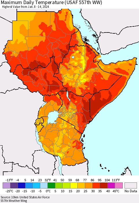Eastern Africa Maximum Daily Temperature (USAF 557th WW) Thematic Map For 1/8/2024 - 1/14/2024