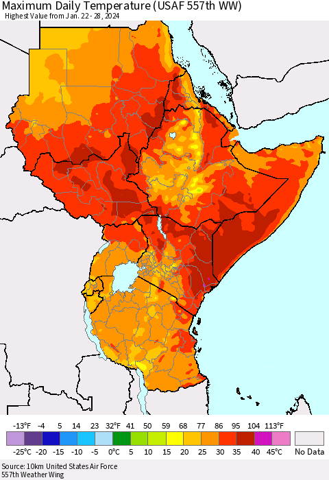 Eastern Africa Maximum Daily Temperature (USAF 557th WW) Thematic Map For 1/22/2024 - 1/28/2024