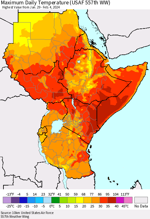 Eastern Africa Maximum Daily Temperature (USAF 557th WW) Thematic Map For 1/29/2024 - 2/4/2024