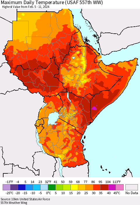 Eastern Africa Maximum Daily Temperature (USAF 557th WW) Thematic Map For 2/5/2024 - 2/11/2024