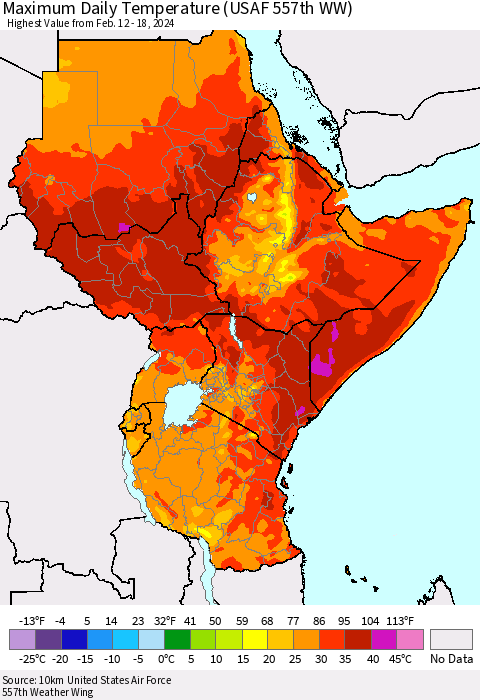Eastern Africa Maximum Daily Temperature (USAF 557th WW) Thematic Map For 2/12/2024 - 2/18/2024