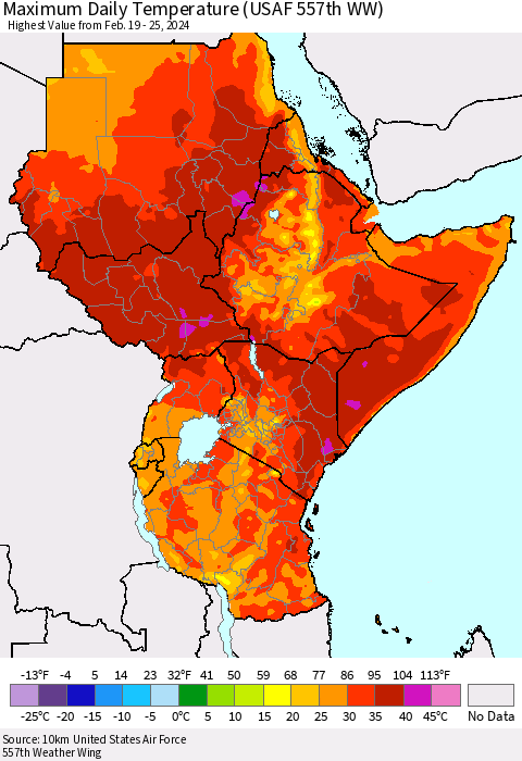 Eastern Africa Maximum Daily Temperature (USAF 557th WW) Thematic Map For 2/19/2024 - 2/25/2024