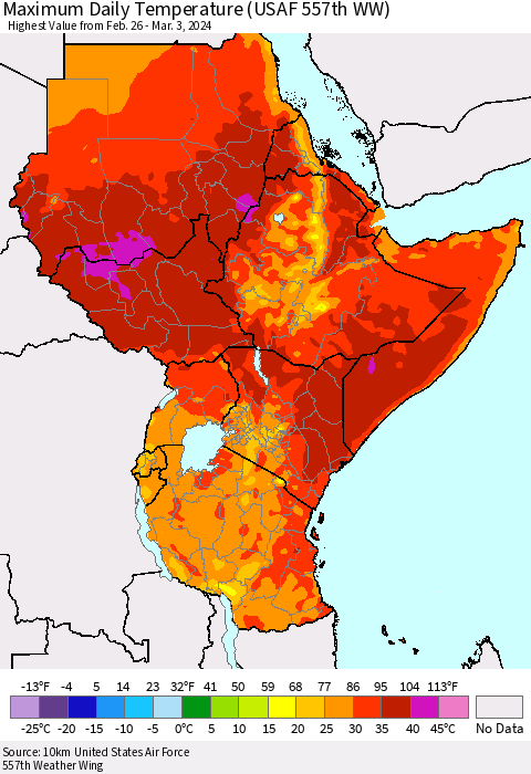 Eastern Africa Maximum Daily Temperature (USAF 557th WW) Thematic Map For 2/26/2024 - 3/3/2024