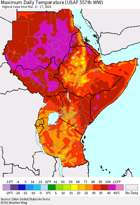 Eastern Africa Maximum Daily Temperature (USAF 557th WW) Thematic Map For 3/11/2024 - 3/17/2024