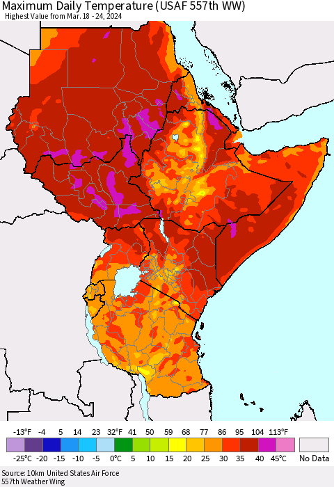 Eastern Africa Maximum Daily Temperature (USAF 557th WW) Thematic Map For 3/18/2024 - 3/24/2024