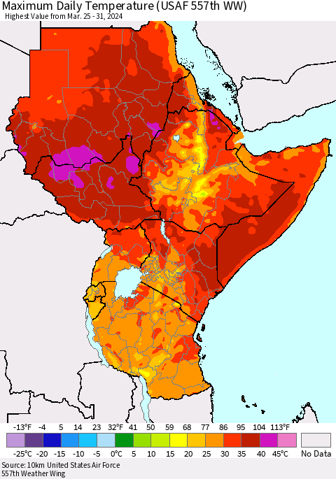 Eastern Africa Maximum Daily Temperature (USAF 557th WW) Thematic Map For 3/25/2024 - 3/31/2024