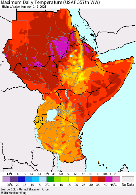 Eastern Africa Maximum Daily Temperature (USAF 557th WW) Thematic Map For 4/1/2024 - 4/7/2024