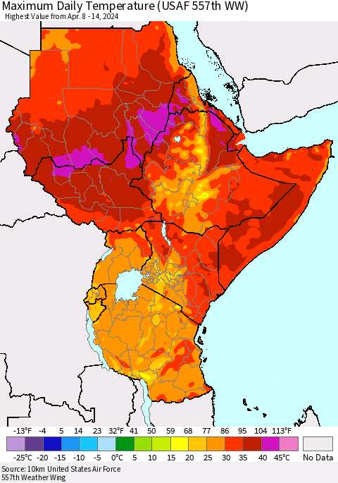 Eastern Africa Maximum Daily Temperature (USAF 557th WW) Thematic Map For 4/8/2024 - 4/14/2024
