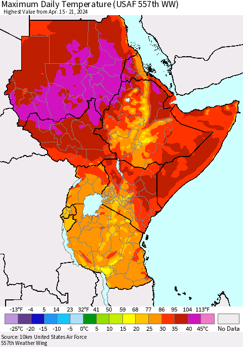 Eastern Africa Maximum Daily Temperature (USAF 557th WW) Thematic Map For 4/15/2024 - 4/21/2024