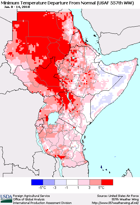 Eastern Africa Mean Minimum Temperature Departure from Normal (USAF 557th WW) Thematic Map For 1/8/2018 - 1/14/2018