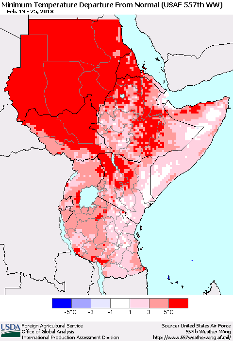 Eastern Africa Mean Minimum Temperature Departure from Normal (USAF 557th WW) Thematic Map For 2/19/2018 - 2/25/2018